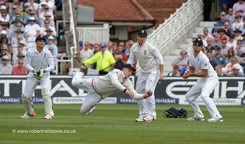 Joe Root takes a catch in the slips at the Ashes game at Trent Bridge. Pic © Robert Rathbone, East Midland press photographer